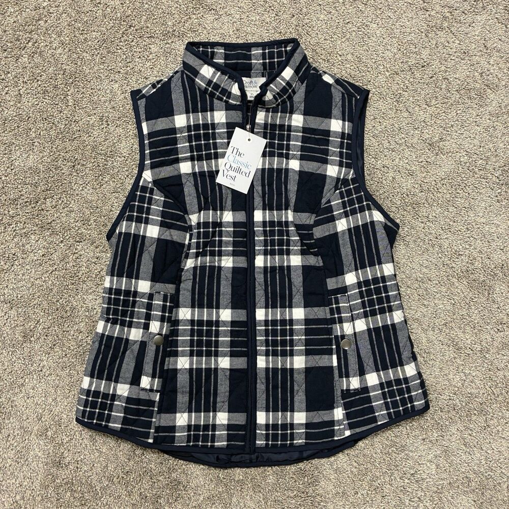 Croft & Barrow Quilted Plaid Zip Up Vest Womens Petite Small Navy Classic Preppy